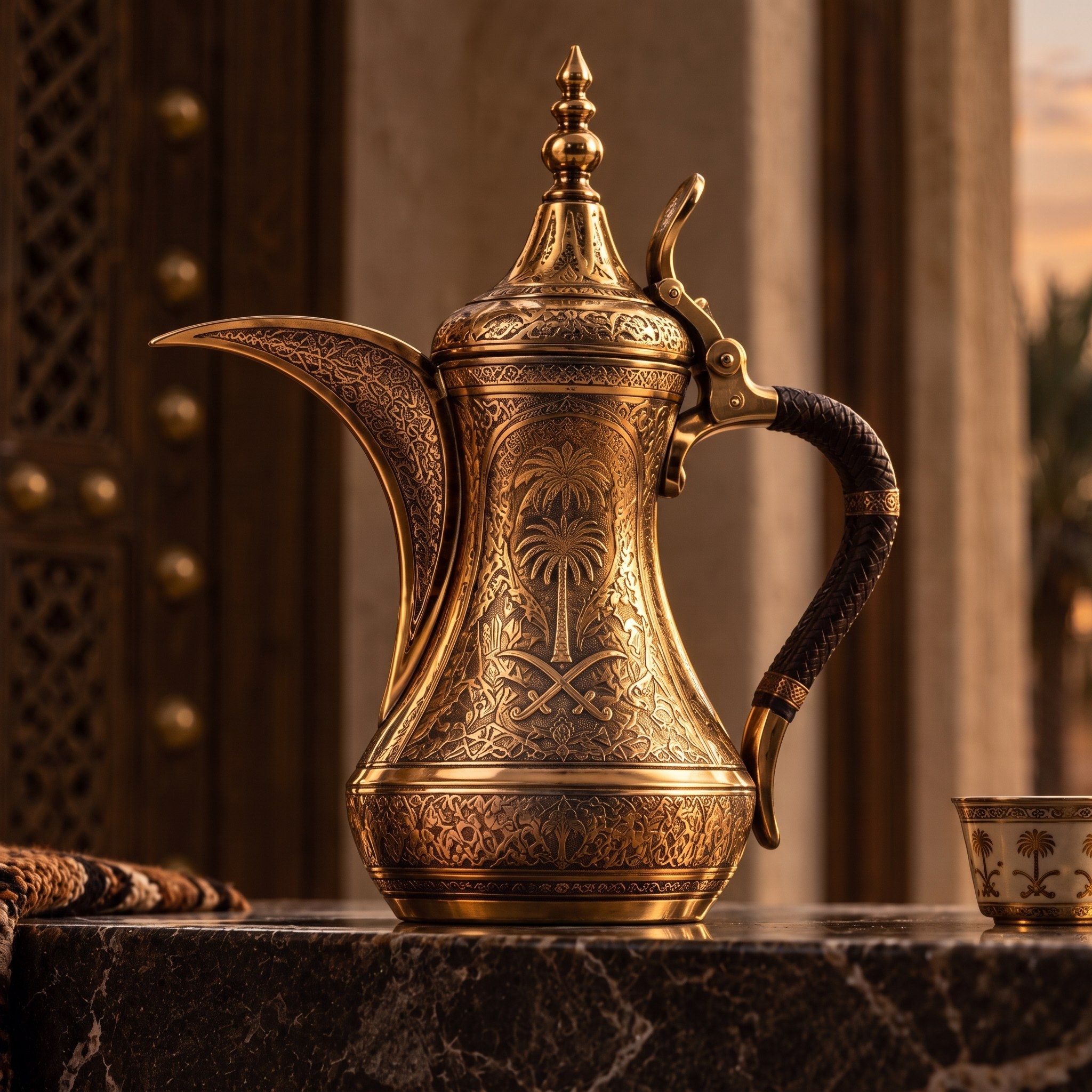 An engraved golden dallah on a marble ledge
