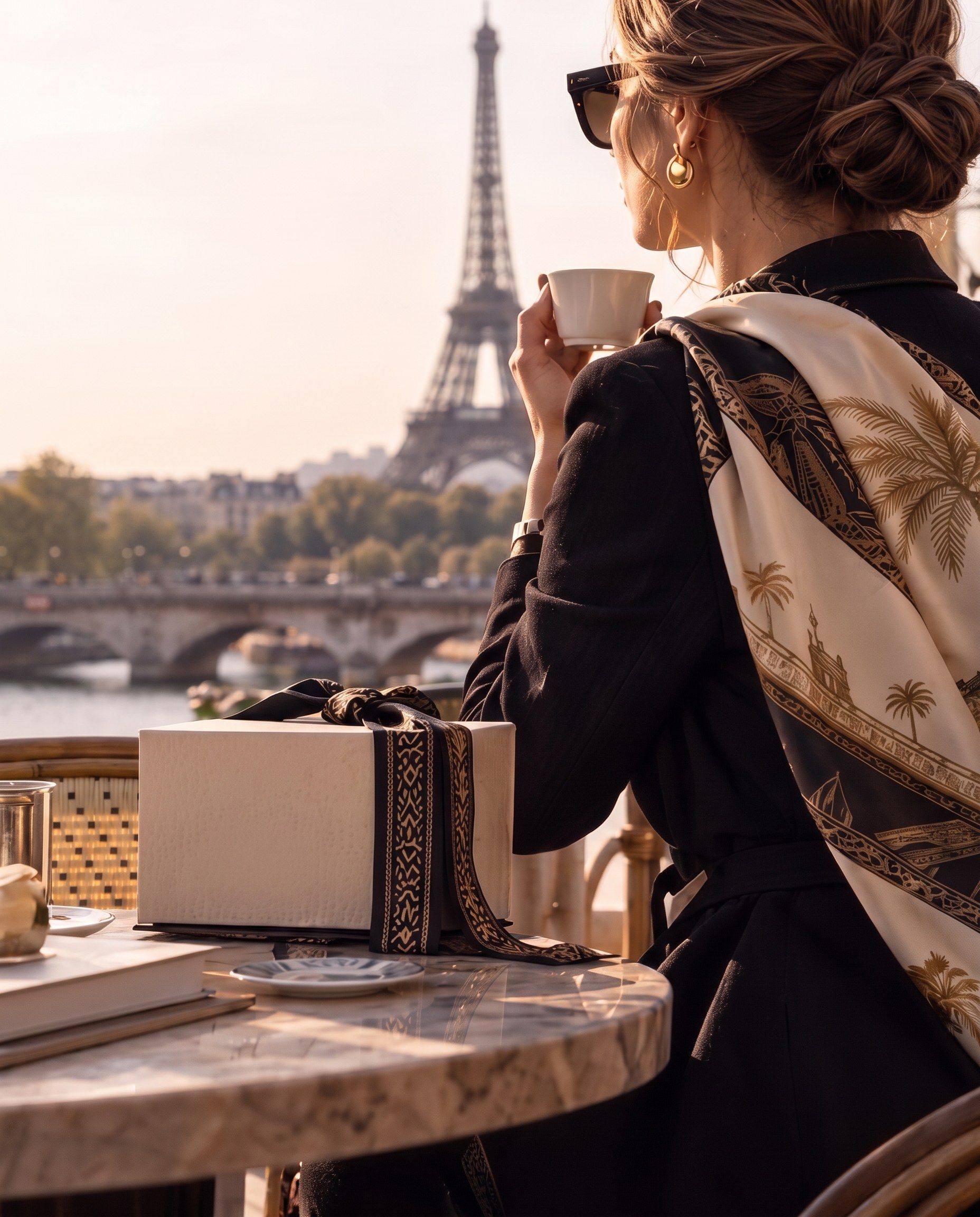A woman in a silk scarf at a café in Paris, beside an AWSER gift
