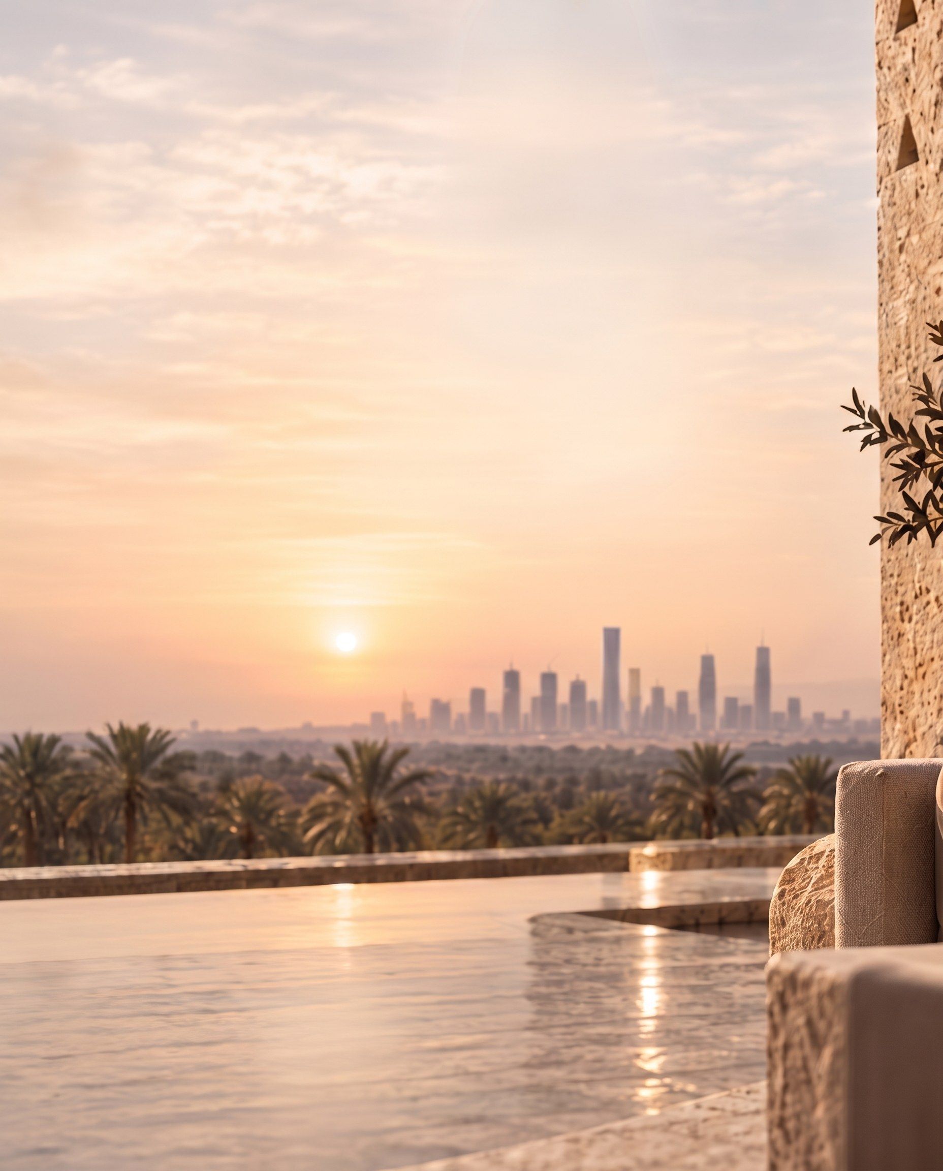 Sunset over the Riyadh skyline from a terrace with palm trees and a pool