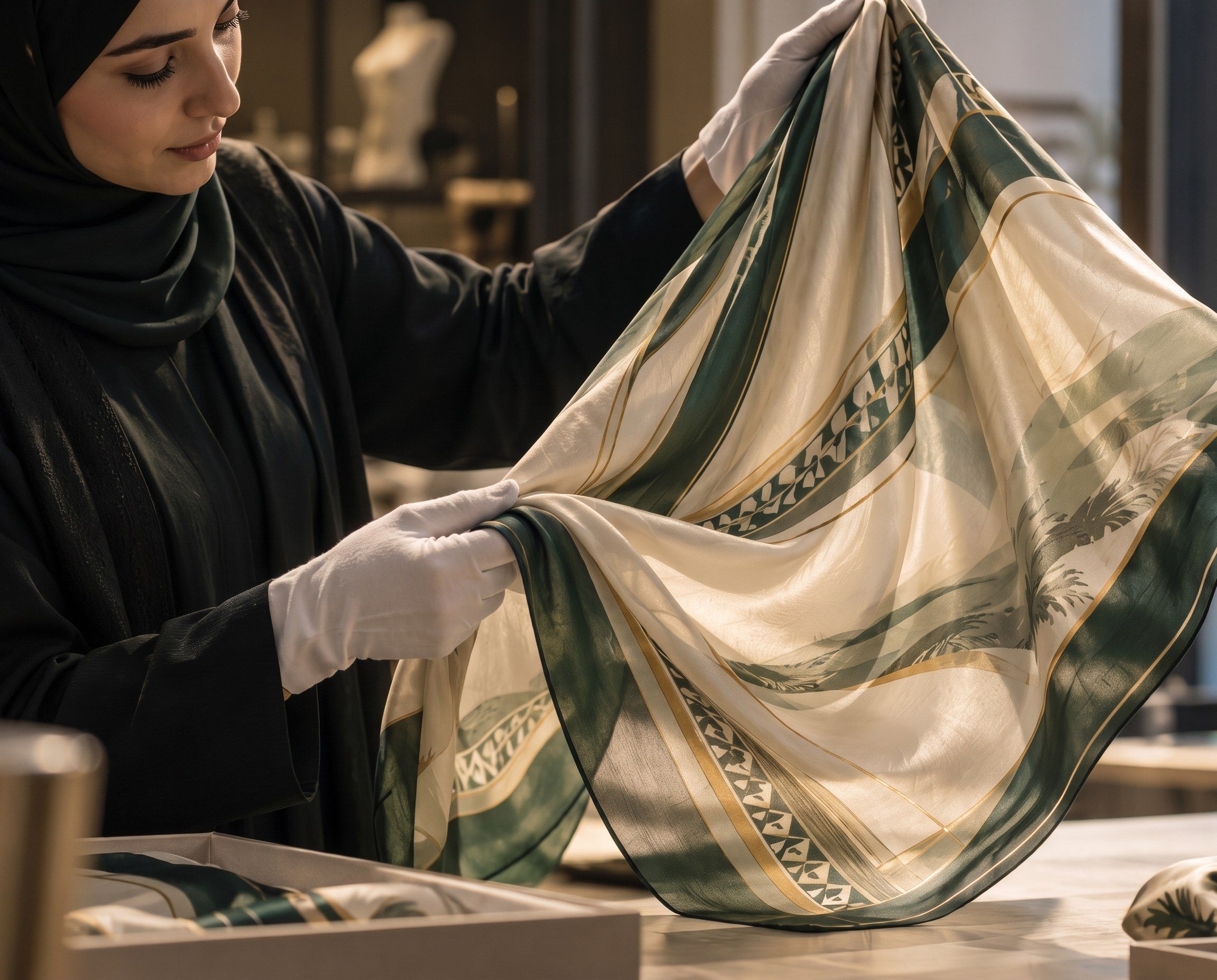 A woman in white gloves unfolding a green and ivory silk scarf
