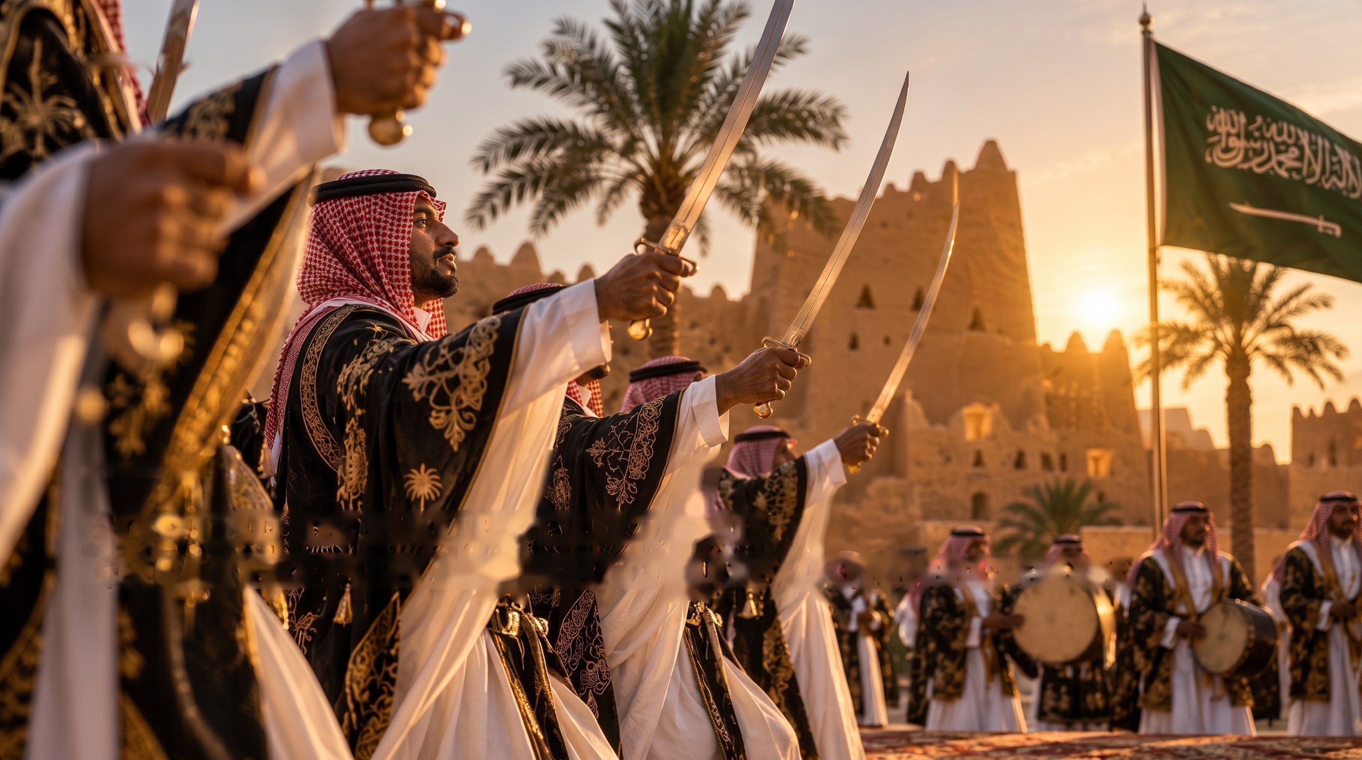 Men performing the Saudi sword dance at sunset in front of a mud-brick fort