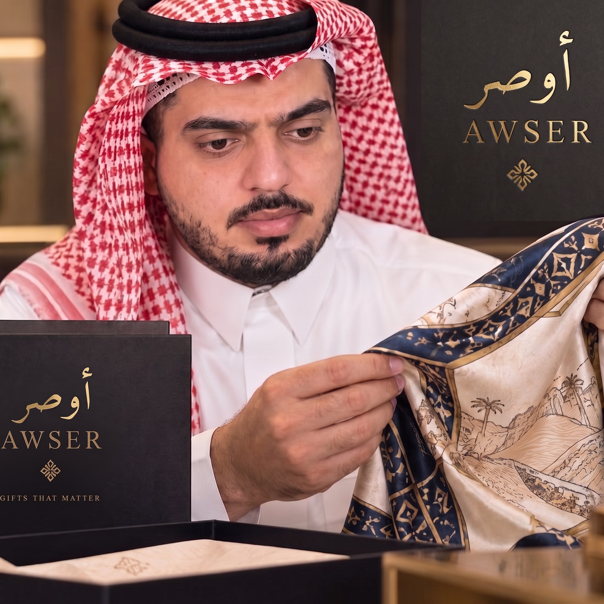 A man in a red shemagh examining a silk scarf beside an AWSER gift box